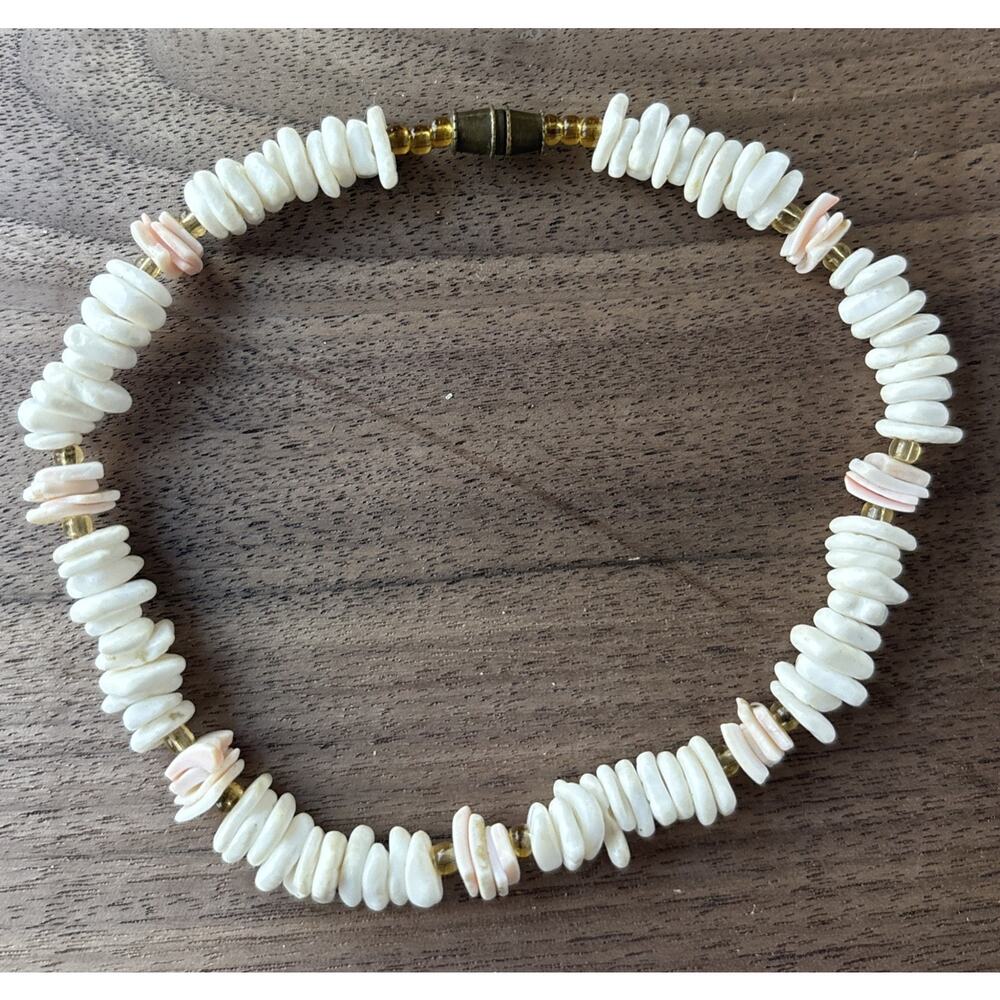 Vintage Puka Shell Anklet 10" Hawaiian Beach Jewelry Barrel Clasp‎ White Pink
